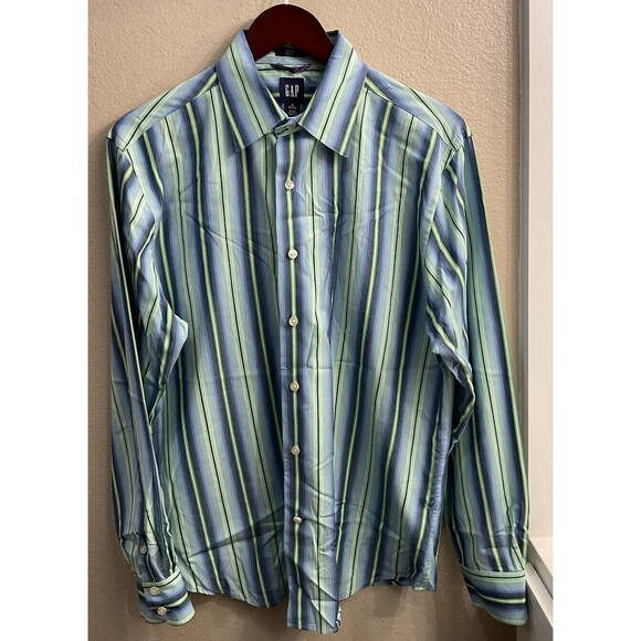 Gap Fitted Premium Mens M 15-15 1/2 Blue Green Striped Long Sleeve Button Up U - Picture 1 of 7